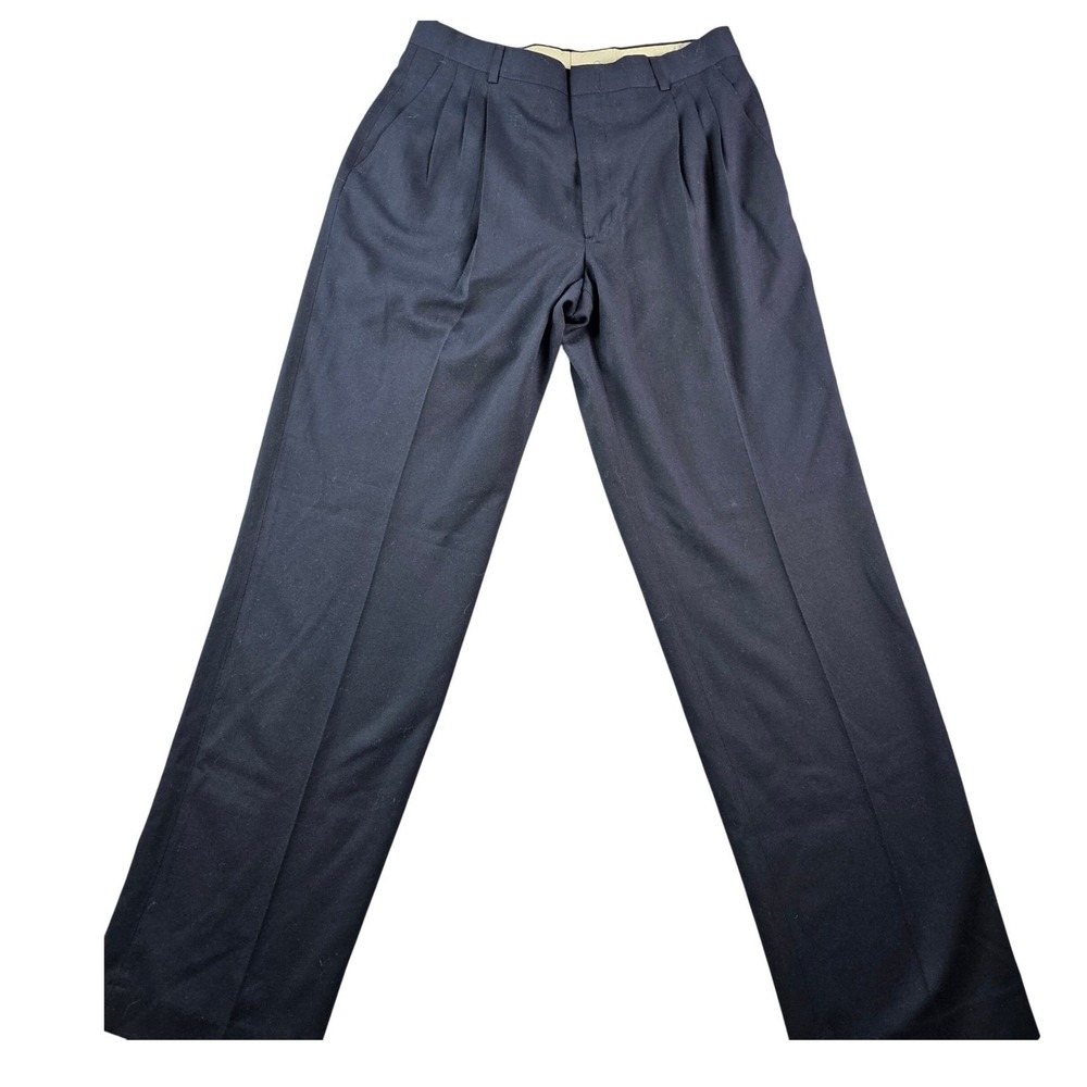 Navy Blue Double Pleated Trousers Mens 29x30 Straight Leg Dress Pants Business